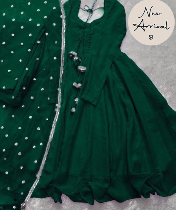 Stylish 3 Pcs Women's Chiffon Maxi Suit with Dupatta and Trouser - Plain Square Neck Design - Image 6