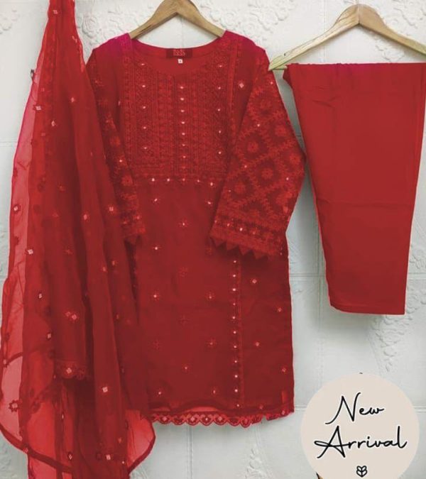 Stunning Women's Stitched Suit Organza - 3 Pcs with Embroidered Design - Image 3