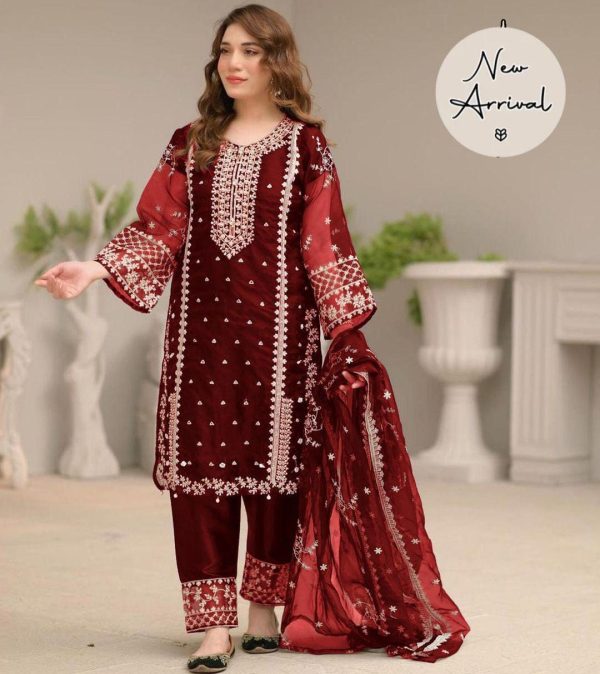 Embroidered Organza Suit Set - 3 Pcs for Women - Image 3