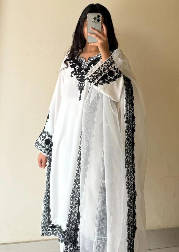 Women's Stitched Embroidered Suit Set - 3 Pcs in White with Organza Dupatta
