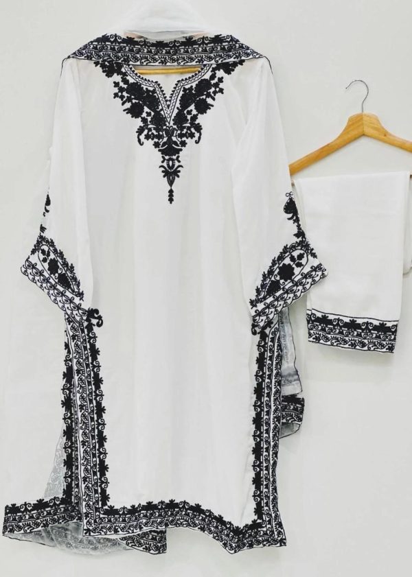 Women's Stitched Embroidered Suit Set - 3 Pcs in White with Organza Dupatta - Image 2