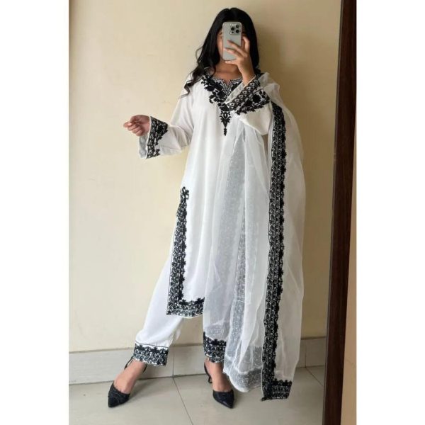 Women's Stitched Embroidered Suit Set - 3 Pcs in White with Organza Dupatta - Image 3