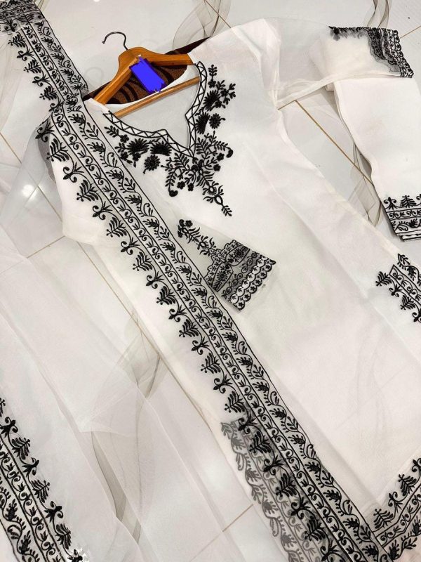 Women's Stitched Embroidered Suit Set - 3 Pcs in White with Organza Dupatta - Image 4