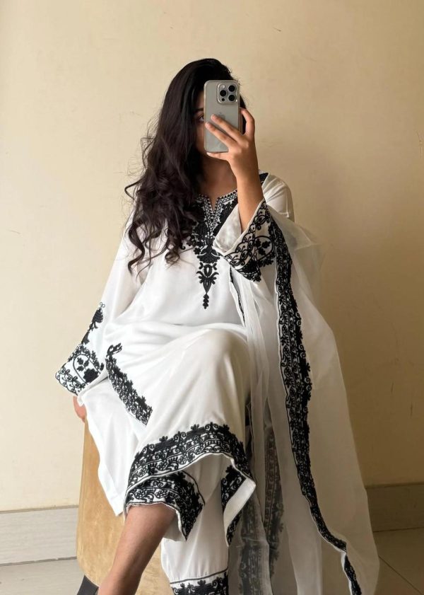 Women's Stitched Embroidered Suit Set - 3 Pcs in White with Organza Dupatta - Image 5