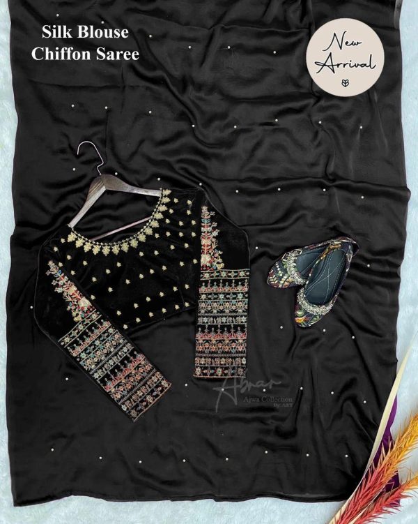 Exquisite Shamoz Silk Embroidered Stitched Saree - 1 Pc - Image 4