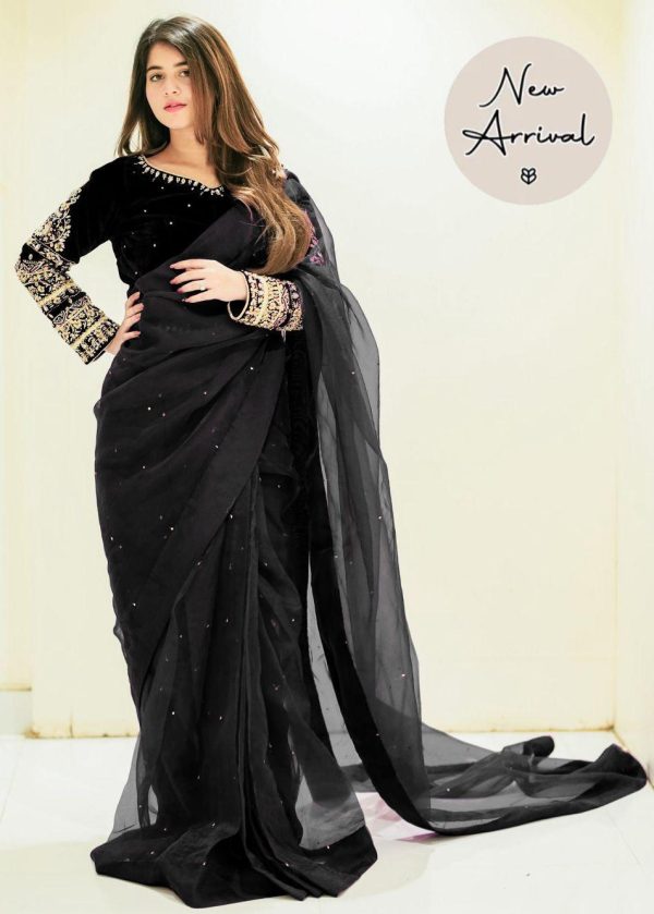 Exquisite Shamoz Silk Embroidered Stitched Saree - 1 Pc - Image 3