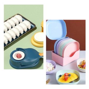 10pcs Multi-function Spit Bone Plate Set | 10 PCs Plate with 2 in 1 Dumpling Maker - Best Samosa Maker & Household Food Grade Plastic Elliptical Plate For Kitchen - Random Color