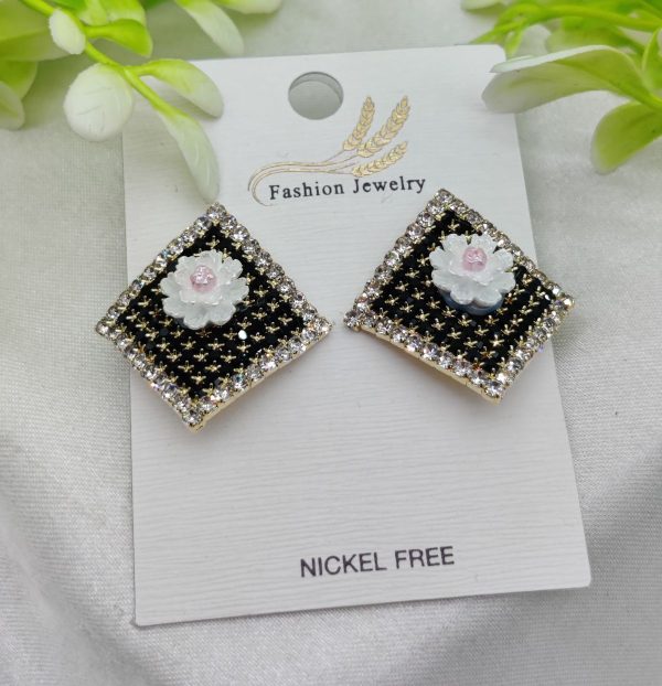 Imported Elegant Floral Stud Earrings with Rhinestone Border – Nickel Free | Girls Earrings | Women Earrings | Jewellery - Image 3
