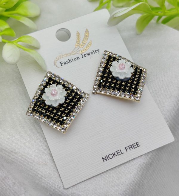 Imported Elegant Floral Stud Earrings with Rhinestone Border – Nickel Free | Girls Earrings | Women Earrings | Jewellery