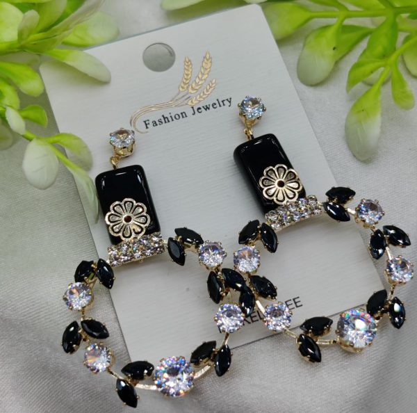 Imported Elegant Floral Hoop Earrings with Black and Crystal Accents | Best Quality Earrings For Girls & Women | Luxury Look Earrings