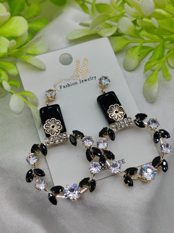 Imported Elegant Floral Hoop Earrings with Black and Crystal Accents | Best Quality Earrings For Girls & Women | Luxury Look Earrings - Image 3
