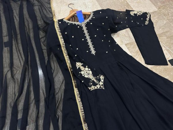 3 Pcs Women's Stitched Chiffon Embroidered Maxi Suit - Image 3