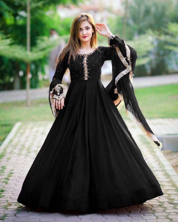 3 Pcs Women's Stitched Chiffon Embroidered Maxi Suit - Image 2