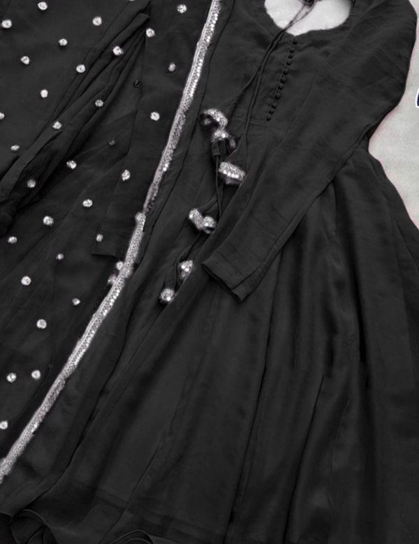 Stylish 3 Pcs Women's Chiffon Maxi Suit with Dupatta and Trouser - Plain Square Neck Design - Image 2