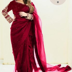 Exquisite Shamoz Silk Embroidered Stitched Saree - 1 Pc