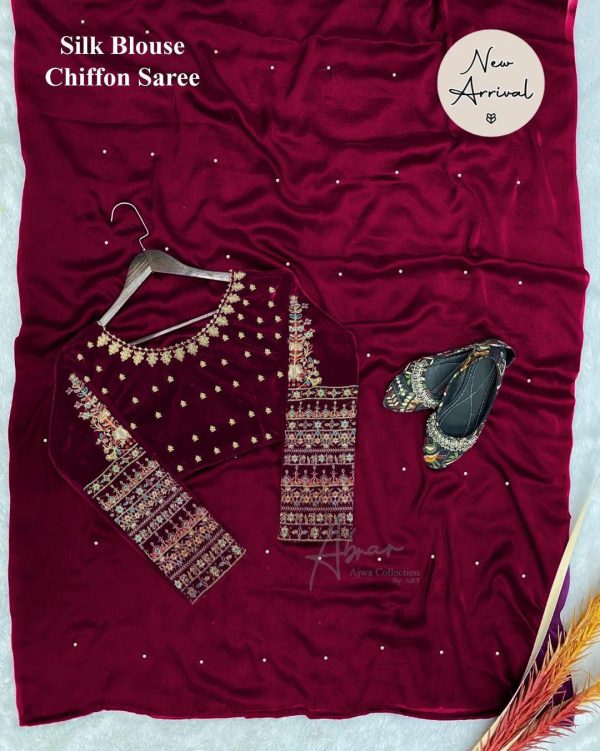 Exquisite Shamoz Silk Embroidered Stitched Saree - 1 Pc - Image 2