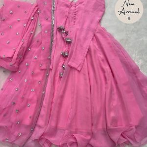 Stylish 3 Pcs Women's Chiffon Maxi Suit with Dupatta and Trouser - Plain Square Neck Design