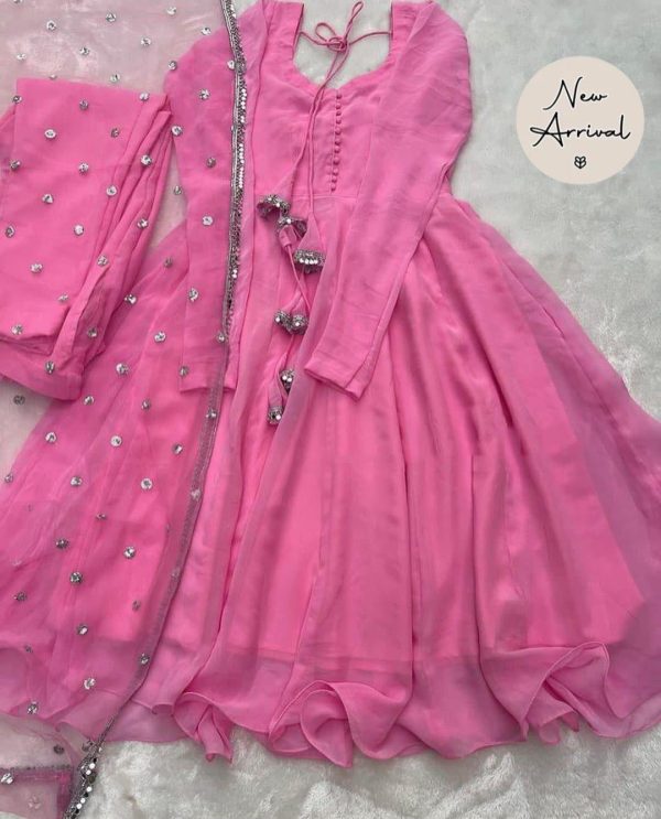 Stylish 3 Pcs Women's Chiffon Maxi Suit with Dupatta and Trouser - Plain Square Neck Design