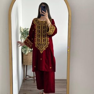 2 Pcs Women's Stitched Embroidered Shirt And Trouser