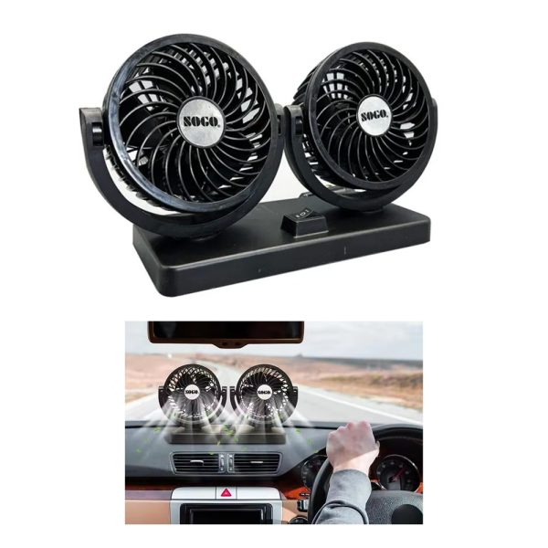 Car Fan Dual Head 4-Inch 12V/24V – 360° Rotating Low Noise Cooling Fan with Cigarette Lighter Plug – 100% Copper Motor – Universal for Cars, SUVs & Trucks With Box - Image 2