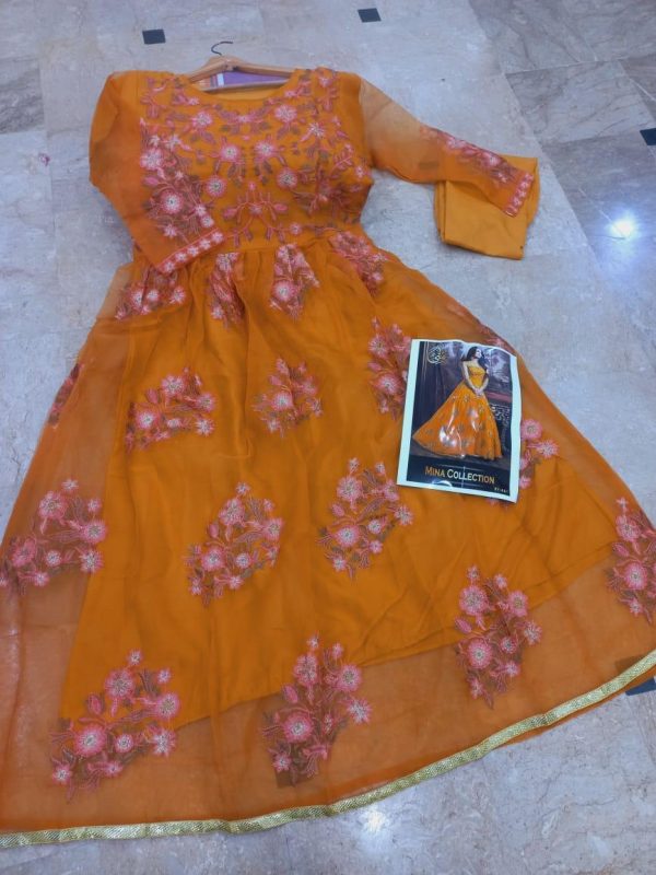 2 Pcs Women's Stitched Embroidered Frock And Trouser - Image 4