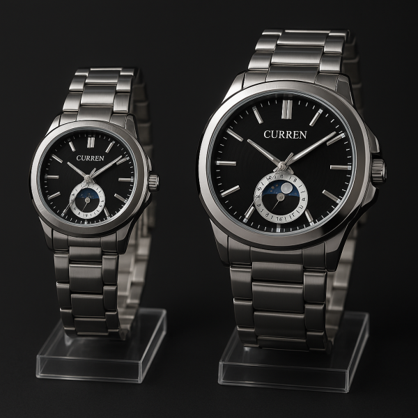 Curren Stainless Steel Couple Watch Set With Moonphase Design – Black Dial (with Box)