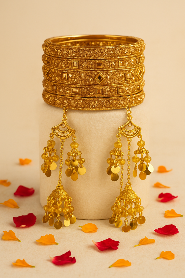 Luxurious Bridal Golden Bangles Set with Intricate Stonework and Traditional Hanging Kaleere for Weddings and Special Occasions 2.5inch (Without Box)