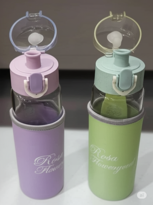 Rosa Flowery Glass Water Bottle with Protective Sleeve & Flip-Top Cap (300ml) | Water Bottle | Glass Water Bottle | - Image 4