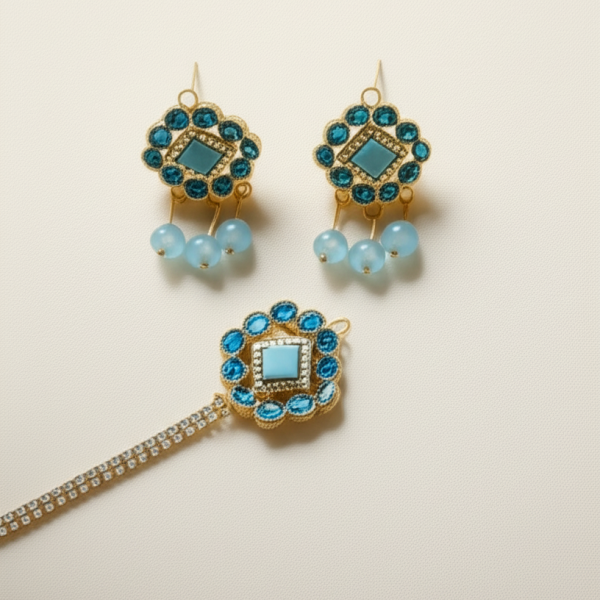 Artificial Jhumkay & Bindya Set with Blue Stones – Ethnic Jewelry for Women | Traditional Jhumke Set For Women | Jhumkay Set |Artificial Jewelry for Women - Image 4