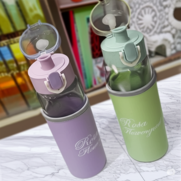 Rosa Flowery Glass Water Bottle with Protective Sleeve & Flip-Top Cap (300ml) | Water Bottle | Glass Water Bottle | - Image 2