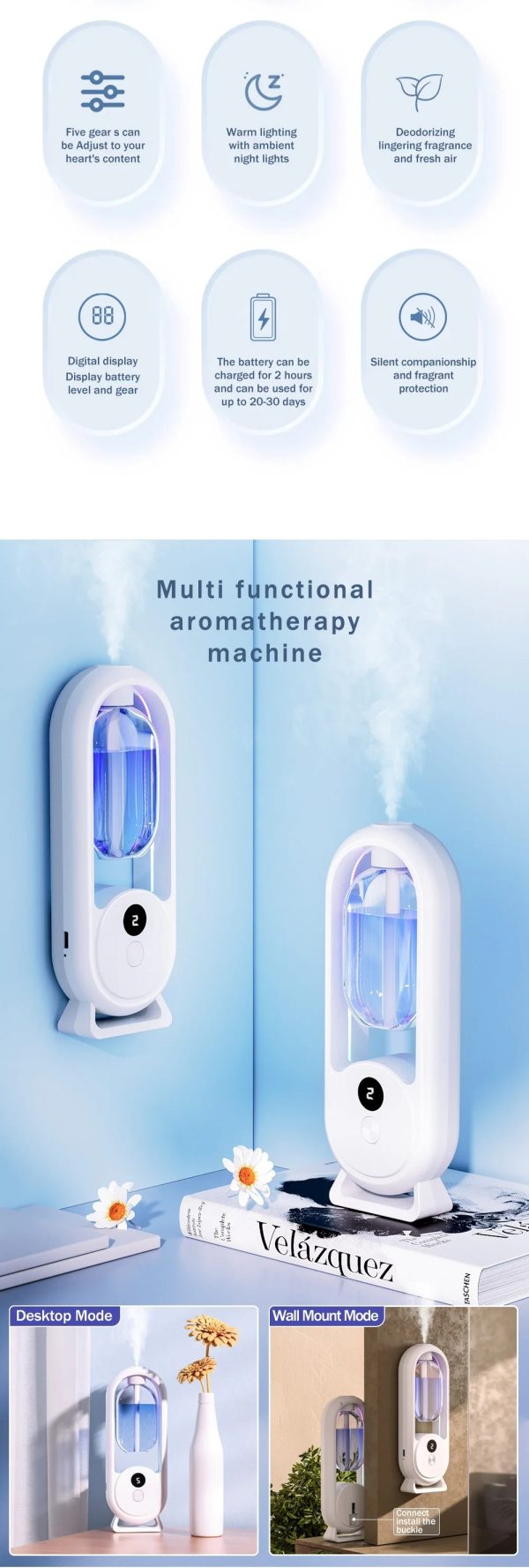 Rechargeable 5-Mode Aromatic Diffuser – Timed Essential Oil Air Freshener for Bedroom, Living Room & Bathroom 50ml - Image 5
