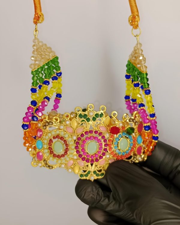 Bridal necklace set with earrings and bindiya - 1 necklace 2 earrings 1 bindiya - zarcon style with beautiful moti beads colourful - for wedding and special occasion - specially for bridals - without box - adjustable every one can wear - Image 4