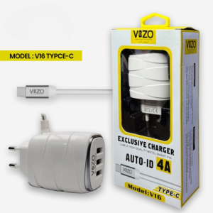 Vizo V16-Type-C – 4A Smart Fast Charger (3 USB Ports + Built-in Type-C Cable) | Best Quality Type-C Charger For Android - Mobile Phone Charger - Android Charger