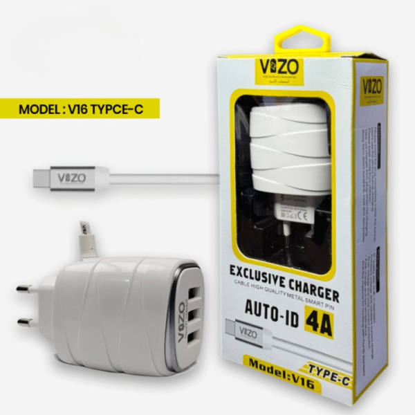 Vizo V16-Type-C – 4A Smart Fast Charger (3 USB Ports + Built-in Type-C Cable) | Best Quality Type-C Charger For Android - Mobile Phone Charger - Android Charger