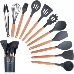 12 Pcs Silicone Cooking Utensils Kitchen Utensil Set | Heat Resistant Kitchen Non toxic Spatula Set with Turner Tongs,Spoon,Brush,Whisk-Wooden Handle(Random color)