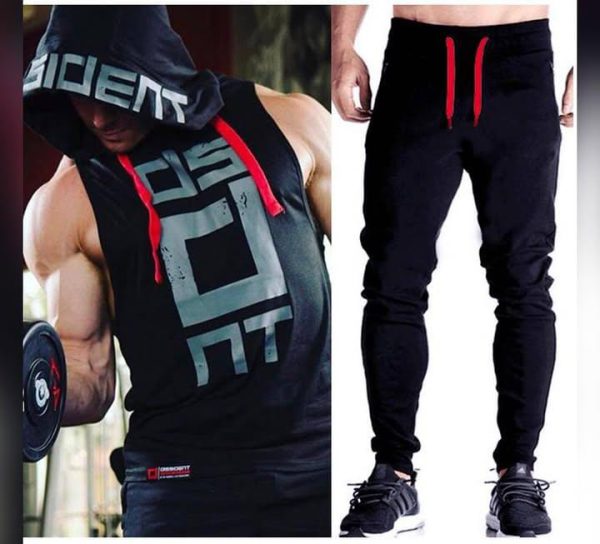 Black Gym Sleeveless Hood Tracksuit - Black Gym Sleeveless Hood Summer Tracksuit - Ready to Wear 2-Piece Set | Men's Sports & Jogging Wear 