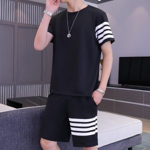 Black Color Trendy LINE Printed Tracksuit for Men | Cotton T-Shirt & Shorts | Summer Casual Wear | Gym & Elegant Suit