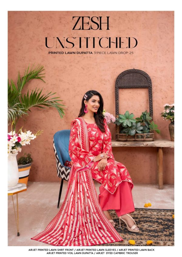 ✨ ZESH   ✨ 3 PieceUnstitched Suit ZESH SUMMAER LAWN COLLECTION 2025