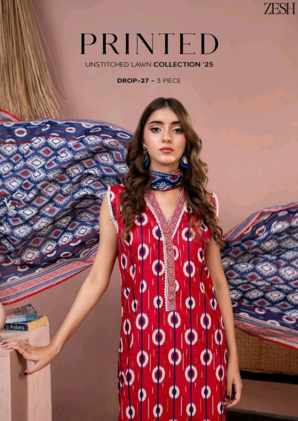 ✨ ZESH   ✨ 3 PieceUnstitched Suit ZESH SUMMAER LAWN COLLECTION 2025 - Image 3