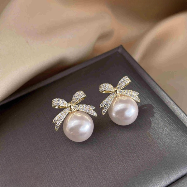 Bow sparkle diamond pearl stud earrings /  Pearl Earrings Women's Earrings for Gift - Image 5