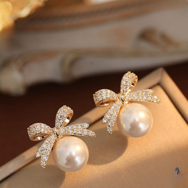Bow sparkle diamond pearl stud earrings /  Pearl Earrings Women's Earrings for Gift - Image 4