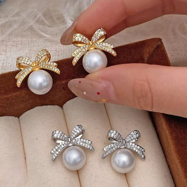 Bow sparkle diamond pearl stud earrings /  Pearl Earrings Women's Earrings for Gift - Image 2