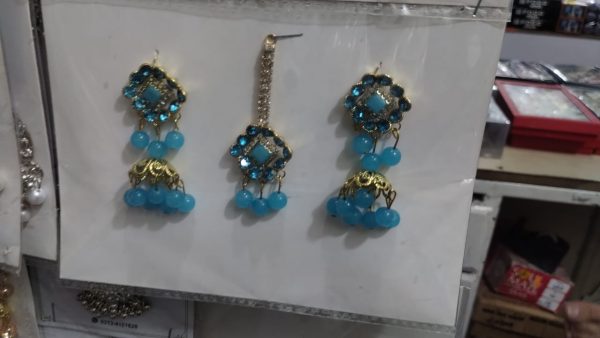 Artificial Jhumkay & Bindya Set with Blue Stones – Ethnic Jewelry for Women | Traditional Jhumke Set For Women | Jhumkay Set |Artificial Jewelry for Women - Image 6