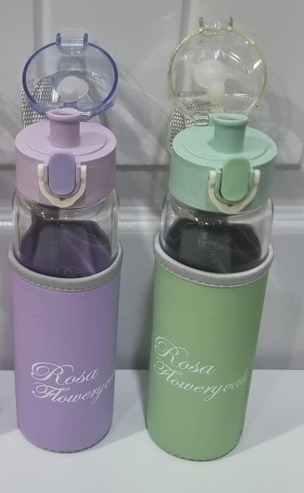 Rosa Flowery Glass Water Bottle with Protective Sleeve & Flip-Top Cap (300ml) | Water Bottle | Glass Water Bottle | - Image 6