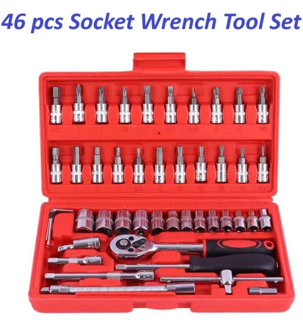 46-Piece Professional Socket Wrench Tool Set with Ratchet Handle, Sockets, Screwdriver Bits for Car, Motorcycle, Bicycle, Home Repair, Mechanical Work, Garage and DIY Maintenance Tasks, Portable Heavy-Duty Tool Kit - Image 3