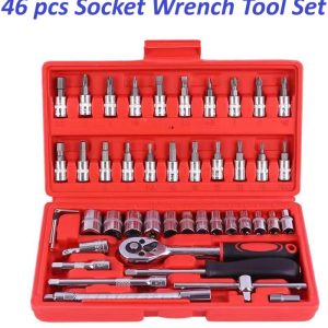 46-Piece Professional Socket Wrench Tool Set with Ratchet Handle, Sockets, Screwdriver Bits for Car, Motorcycle, Bicycle, Home Repair, Mechanical Work, Garage and DIY Maintenance Tasks, Portable Heavy-Duty Tool Kit