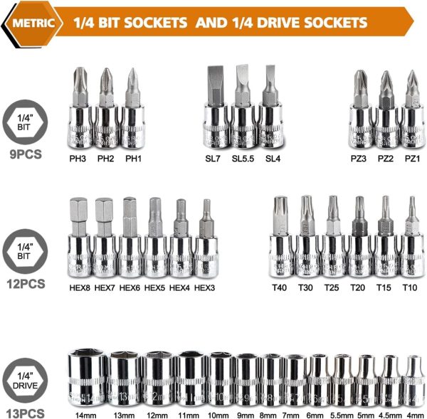 46-Piece Professional Socket Wrench Tool Set with Ratchet Handle, Sockets, Screwdriver Bits for Car, Motorcycle, Bicycle, Home Repair, Mechanical Work, Garage and DIY Maintenance Tasks, Portable Heavy-Duty Tool Kit - Image 5