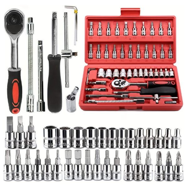 46-Piece Professional Socket Wrench Tool Set with Ratchet Handle, Sockets, Screwdriver Bits for Car, Motorcycle, Bicycle, Home Repair, Mechanical Work, Garage and DIY Maintenance Tasks, Portable Heavy-Duty Tool Kit - Image 4