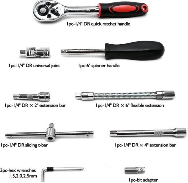 46-Piece Professional Socket Wrench Tool Set with Ratchet Handle, Sockets, Screwdriver Bits for Car, Motorcycle, Bicycle, Home Repair, Mechanical Work, Garage and DIY Maintenance Tasks, Portable Heavy-Duty Tool Kit - Image 7