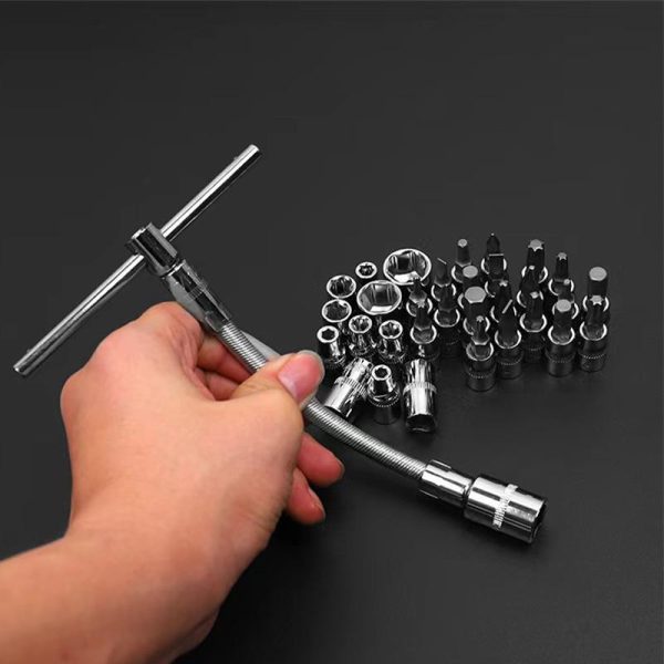 46-Piece Professional Socket Wrench Tool Set with Ratchet Handle, Sockets, Screwdriver Bits for Car, Motorcycle, Bicycle, Home Repair, Mechanical Work, Garage and DIY Maintenance Tasks, Portable Heavy-Duty Tool Kit - Image 8